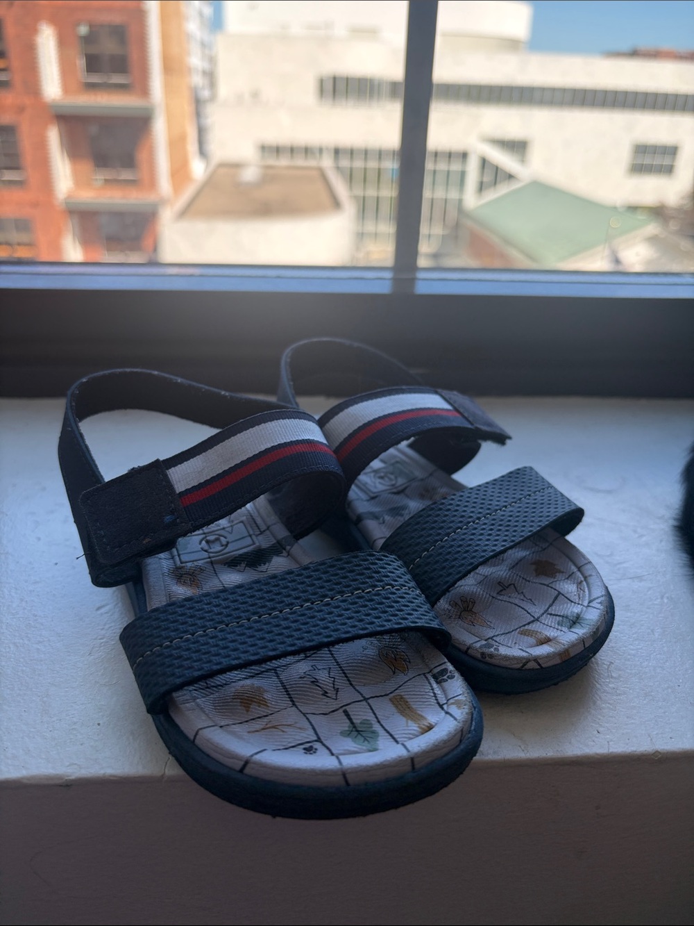 Navy Sandals with Red and White Stripe Accent